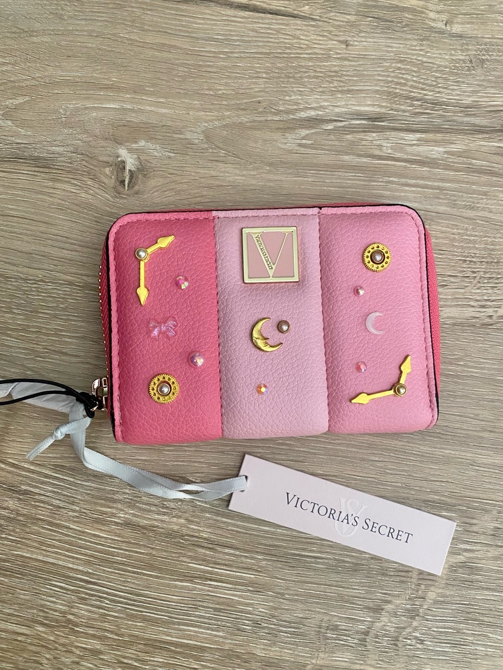Victoria's Secret Pink Trio Panel Zip-Around Wallet with Gold Accents